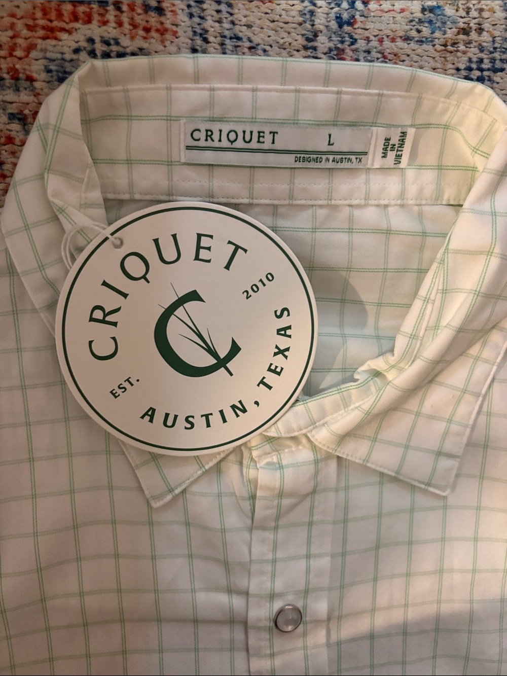 Criquet White Green Check Pearl Snap Short Sleeve Top SZ L NWT Large - Picture 2 of 7